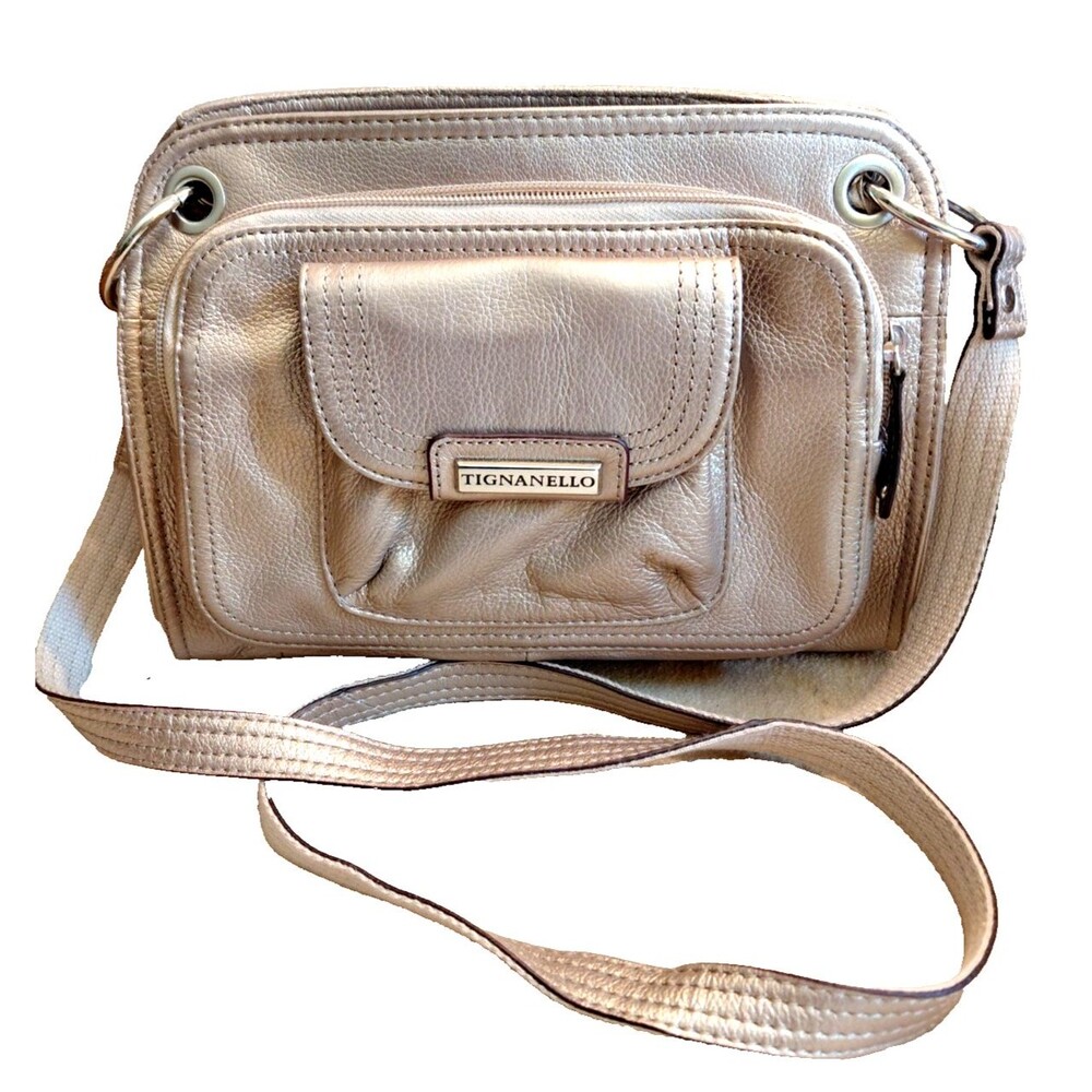 Bronze Tignanello Pebbled Leather Purse Croosbody Organizer Iconic Interior